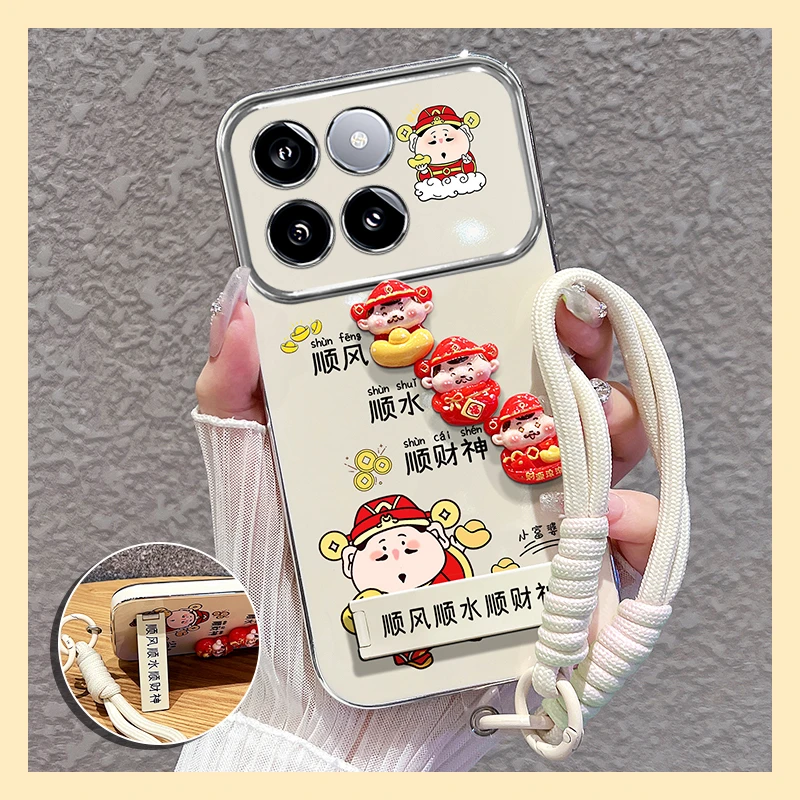 适用【小米14/pro】手机壳财神公仔电镀大视窗支架硅胶软壳卡通女款