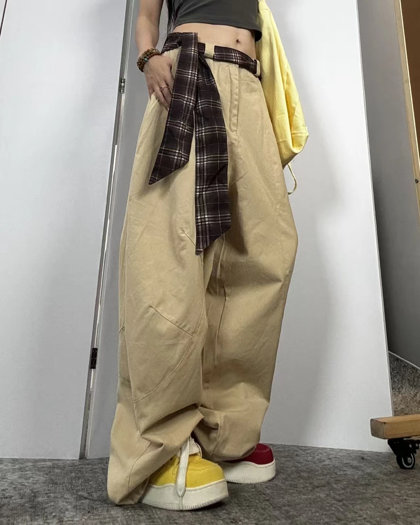 夏季新款女美式复古百搭设计感拼接格子松弛感宽松阔腿弯刀拖地裤