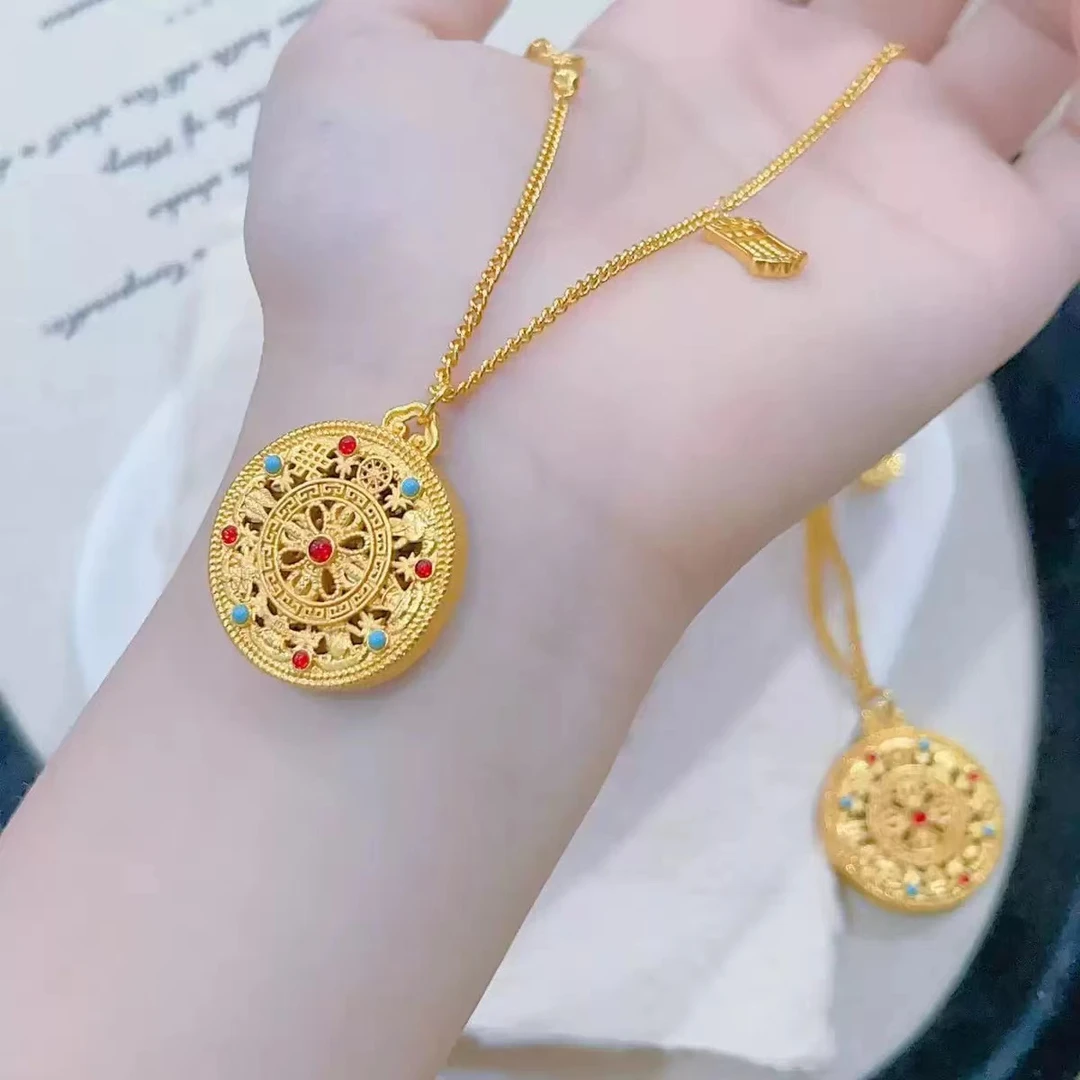 铜合金项链 【小李饰品】镂空莲花福字八宝罗盘项链花丝圆牌挂坠
