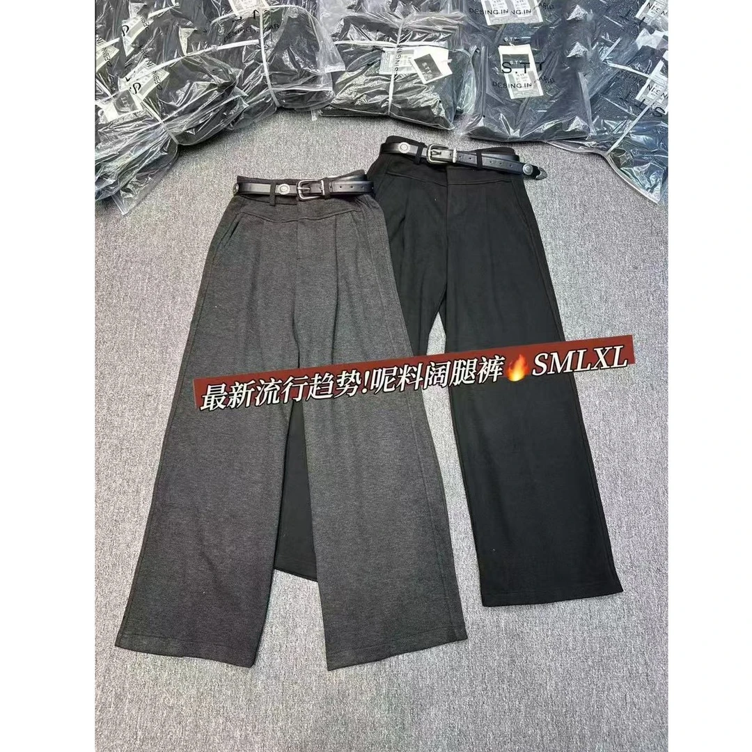 KIKI严选：61913-欧洲站南油秋冬新款配腰带呢料阔腿休闲裤