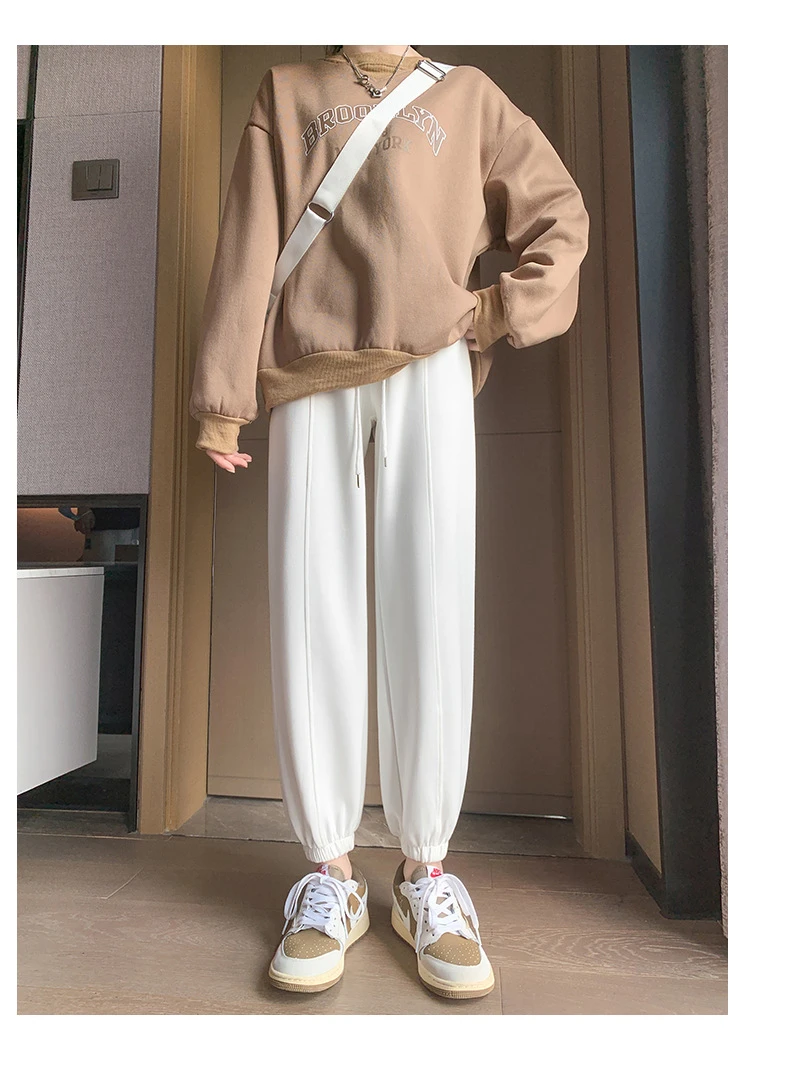 2206白色设计显瘦百搭春秋冬百搭显瘦束脚休闲卫裤