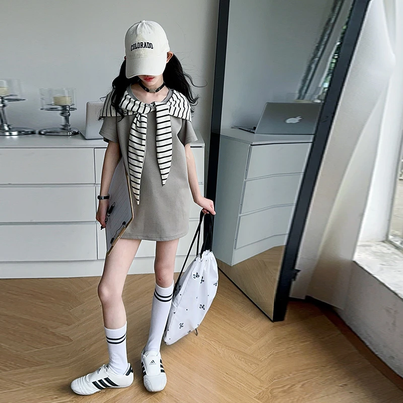 女童连衣裙夏季新款短袖T恤裙洋气条纹连帽T裙中大儿童休闲裙子潮