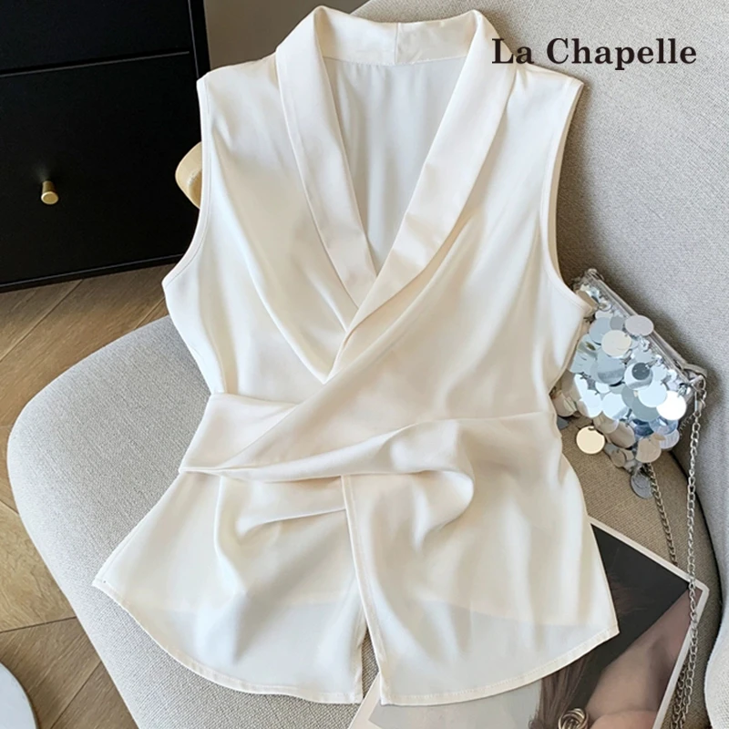拉夏贝尔V领收腰无袖衬衫女2025设计感交叉绑带时尚气质背心上衣