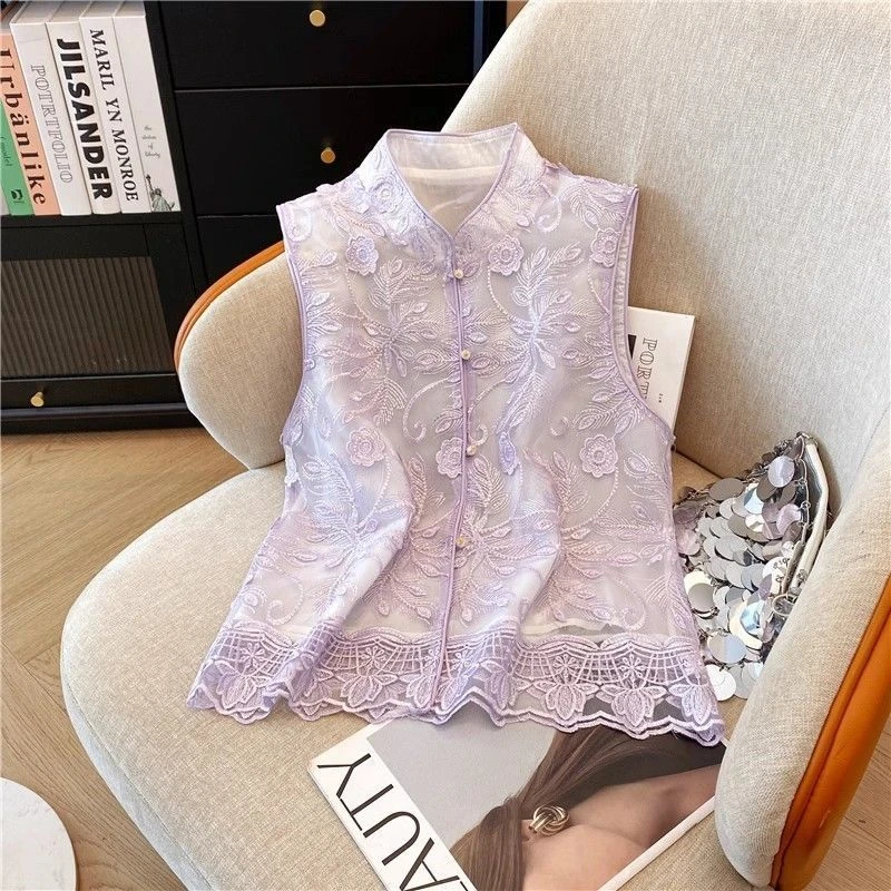 6584夏季绣花蕾丝盘扣时尚欧根纱国风新款复古新中式国风马甲薄款