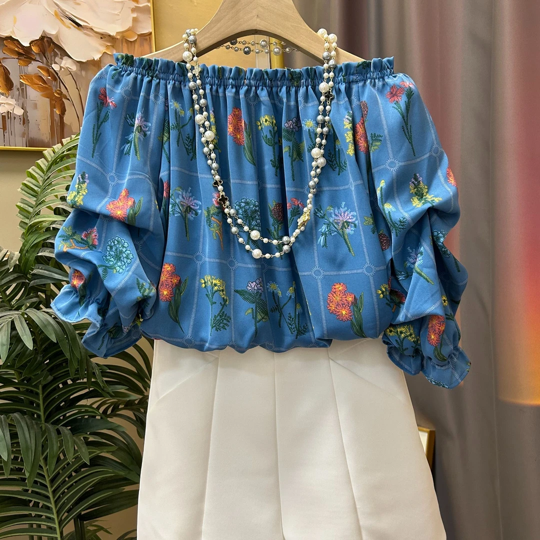 蓝色格子复古碎花圆领一字肩衬衫上衣气质衬衣时尚夏季宽松设计感