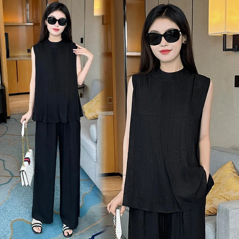 时尚休闲套装女士2025夏季新款洋气时髦炸街无袖衬衫阔腿裤两件套