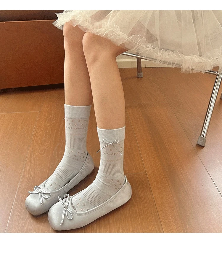 songmu淞木"皮质蝴蝶结无骨袜子女中筒袜春夏薄款镂空棉质堆堆袜