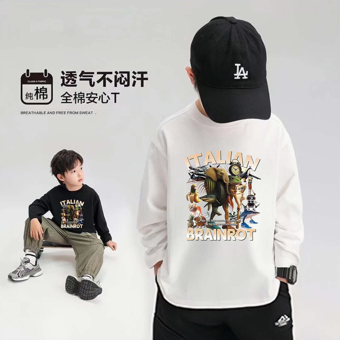 卡通AI抽象外国山海经木棍人纯棉长袖t恤男女童秋装衣服儿童打底