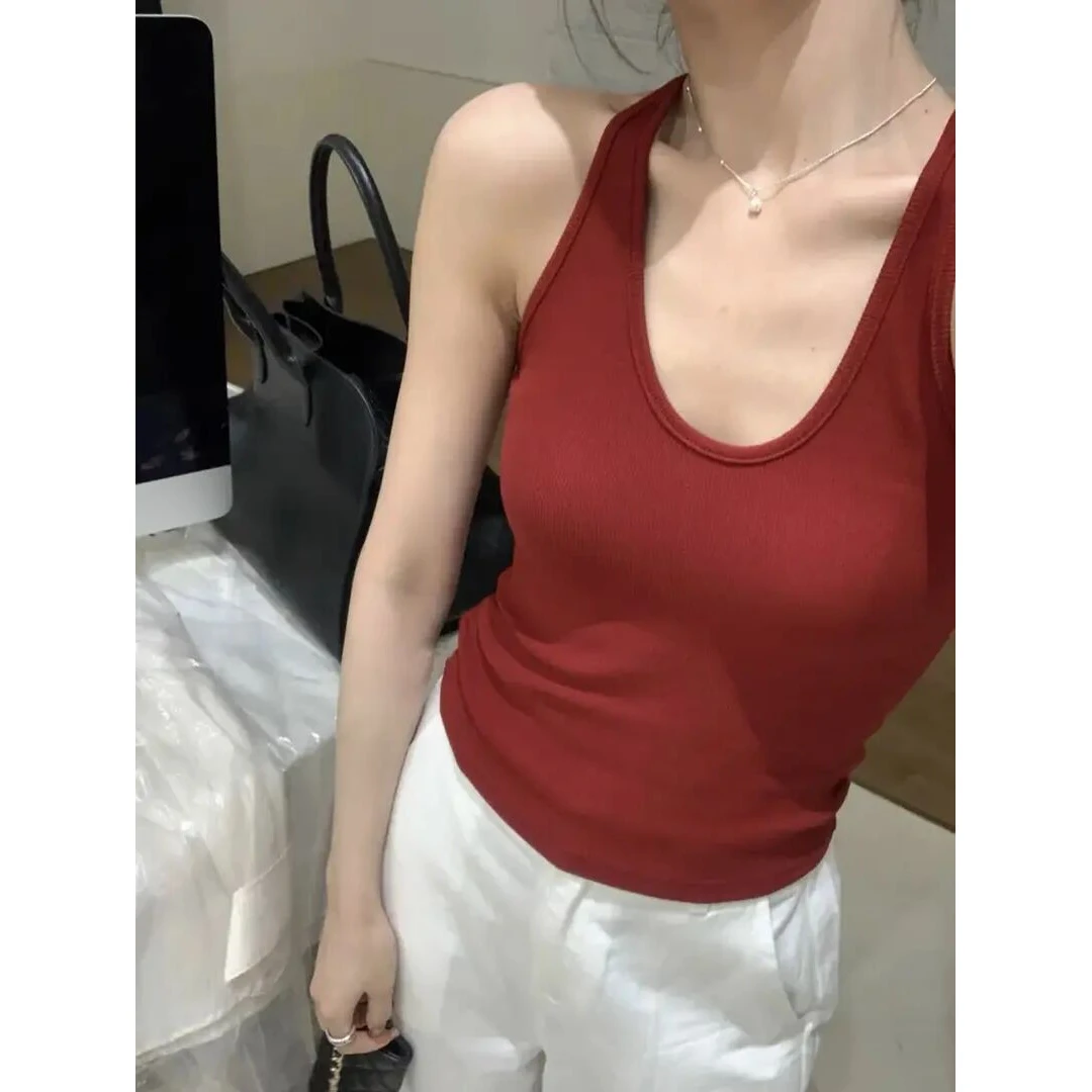 挂脖工字背心女夏季新款简约修身显瘦u领吊带上衣