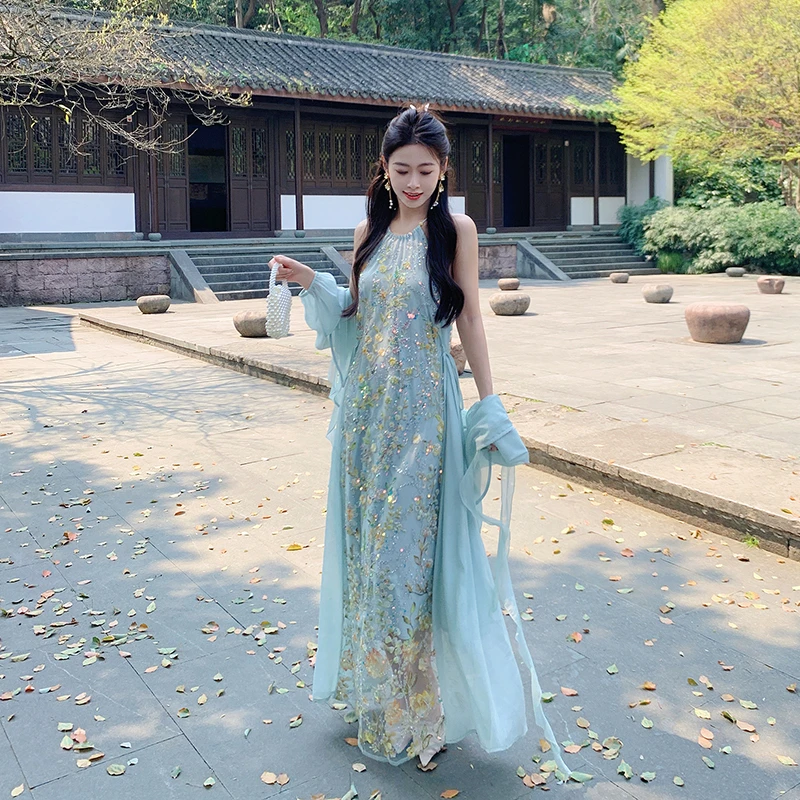 果果家 新中式设计师时尚长款上衣女2025春季显瘦吊带连衣裙