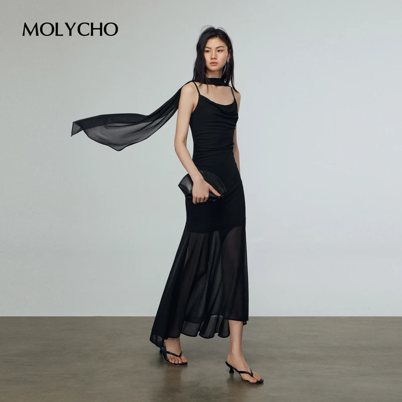 MOLYCHO 法式荡领吊带连衣裙女夏季度假风无袖网纱拼接飘带长裙