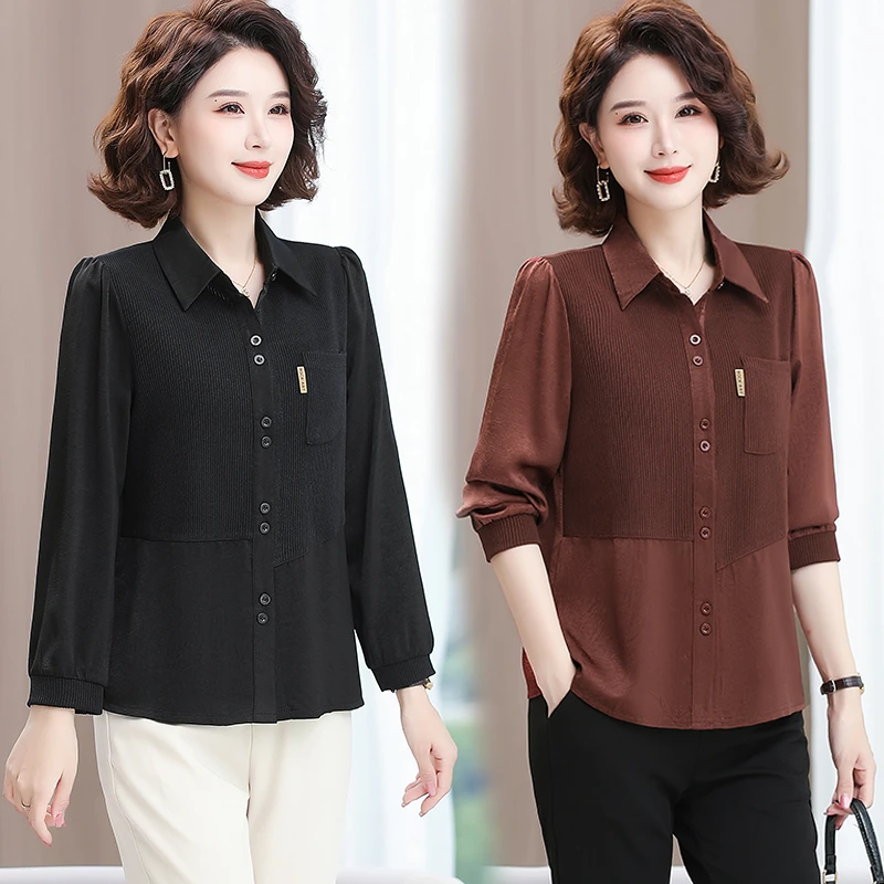 妈妈洋气翻领衬衫针织长袖T恤中老年女装春秋打底衫显瘦遮肚上衣