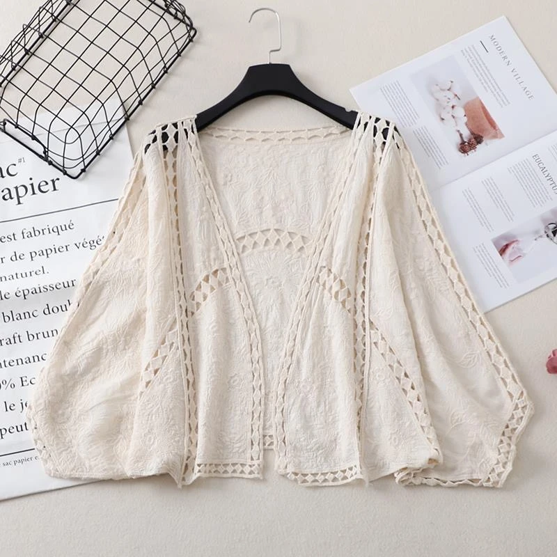新款夏季纯棉刺绣针织衫镂空薄款宽松百搭蝙蝠袖外套DXKS014