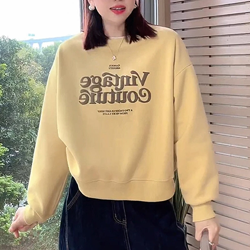 2025春装新款发泡印花短卫衣女宽松复古字母套头休闲圆领长袖上衣