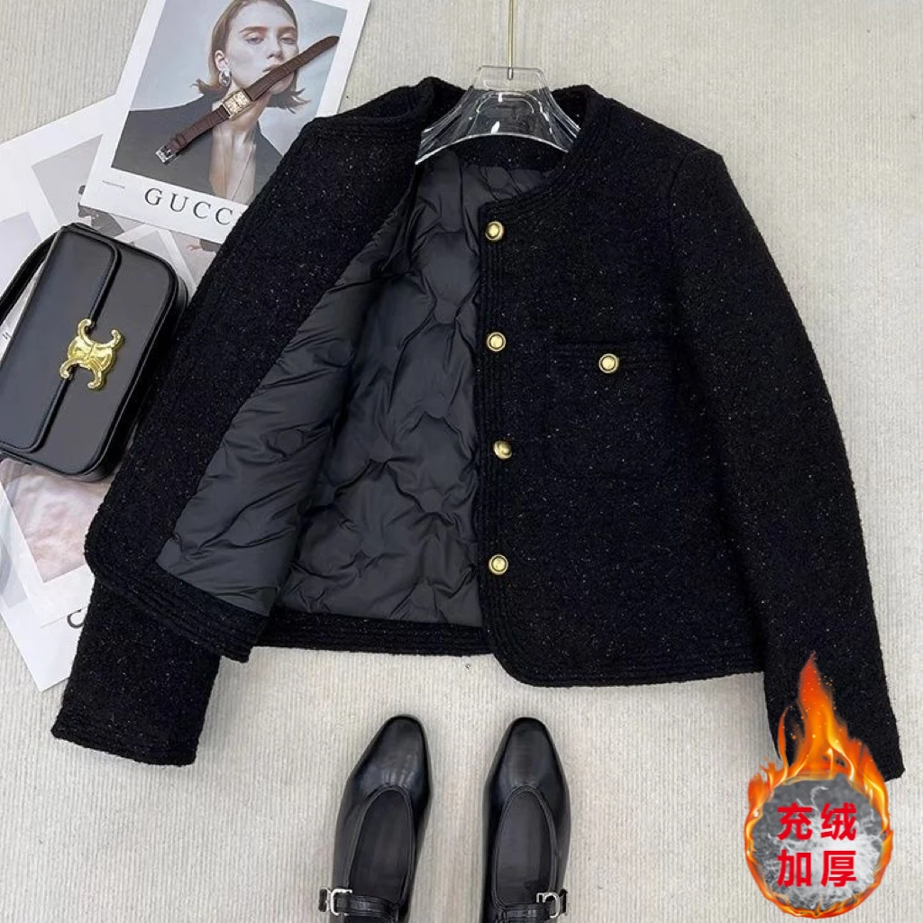 【现 货+运费险】黑色亮晶晶充绒内胆显瘦精致小香风加厚保暖P2433