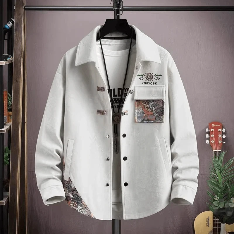 仓石一树刺绣拼接翻领夹克春秋款复古盘扣宽松男士简约新中式上衣
