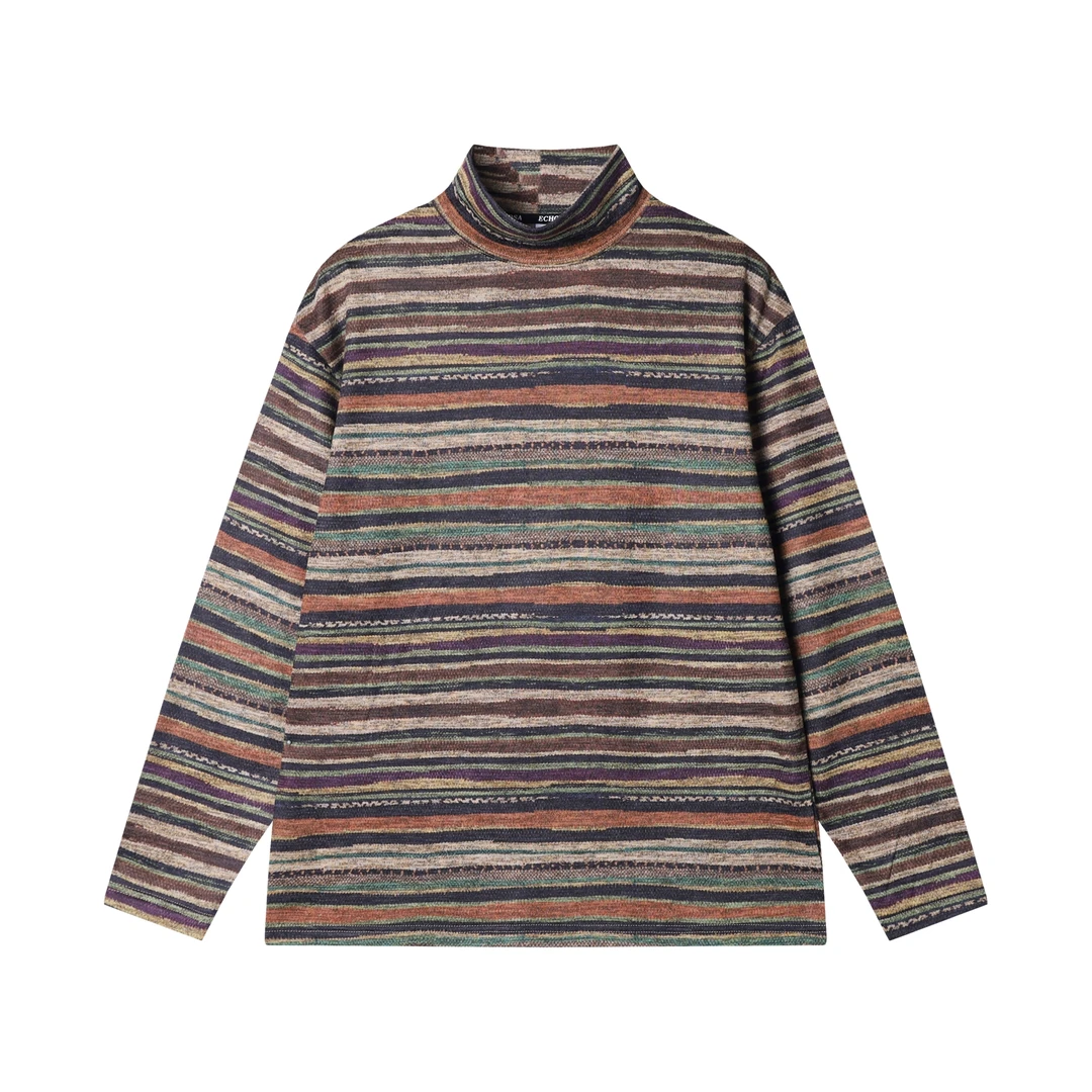 秋冬季新款时尚个性美式拼色条纹半高领长袖T恤复古百搭套头上衣