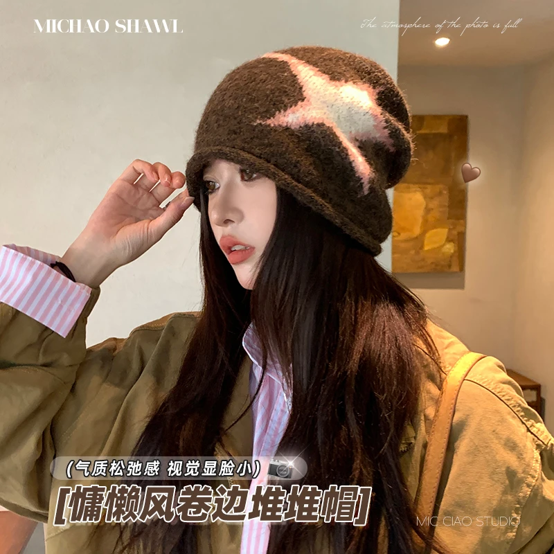美式复古针织堆堆帽女2025新款秋冬保暖大头围护耳包头冷帽显脸小