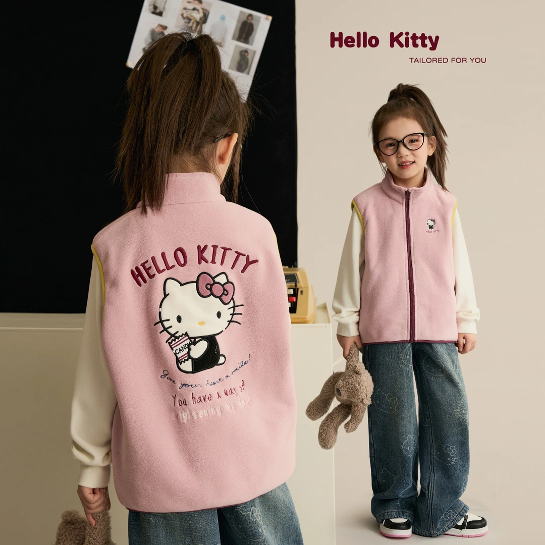 辰辰妈【有点甜】女童KITTY猫撞色立领马甲儿童奥粒绒外套8721DH