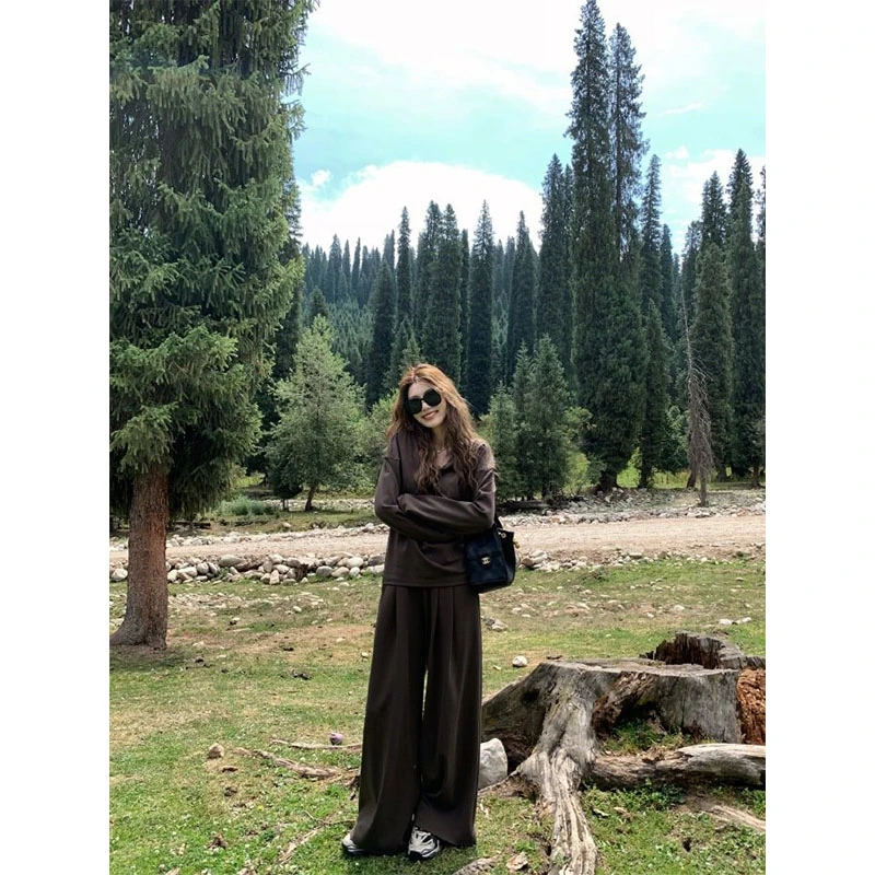 时尚套装新款休闲时尚洋气慵懒风长袖T恤上衣高腰修身直筒裤长裤