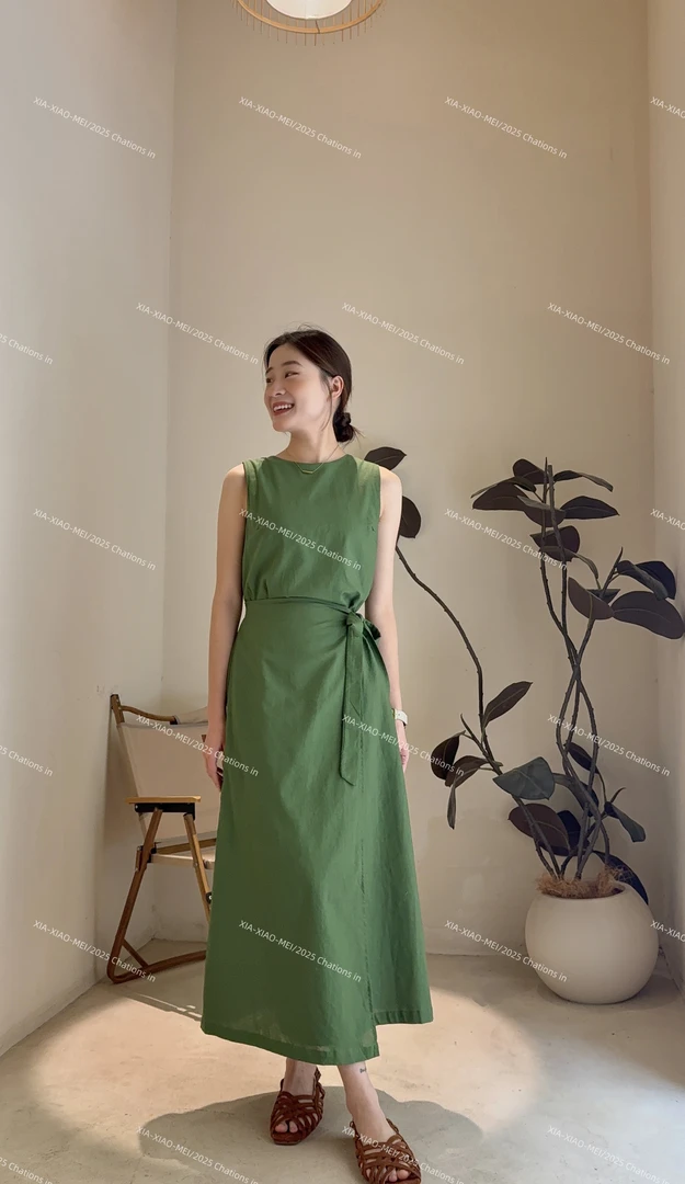 XIAOMEI ｜绿色显瘦设计感围裹一片式绑带背心连衣裙-5215