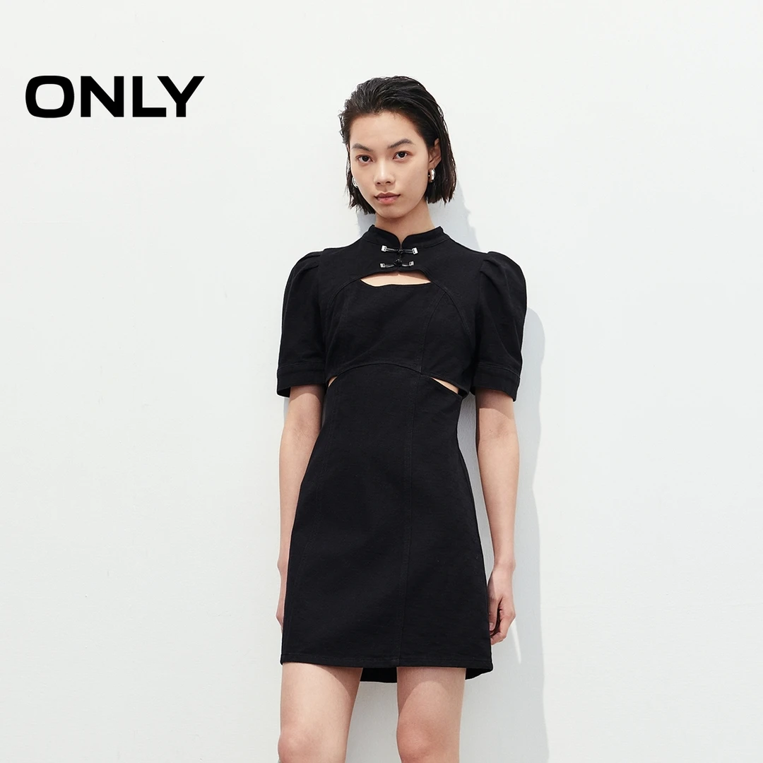 ONLY夏季新中式泡泡袖显瘦牛仔连衣裙女纯欲慵懒风女装|125142026