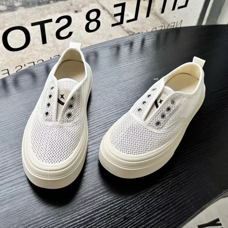 厚底网面透气小白鞋女2025春夏新款一脚蹬懒人鞋百搭防滑孕妇鞋女