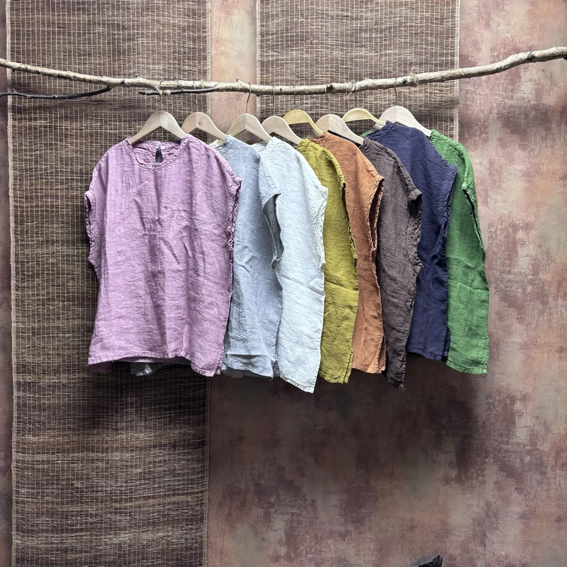 5141森女族夏季新品纯色亚麻圆领时尚简约百搭短袖炒色T恤上衣