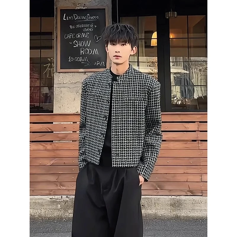 cleanfit短款垫肩西装外套男款春季高级感痞帅西服小香风格子夹克