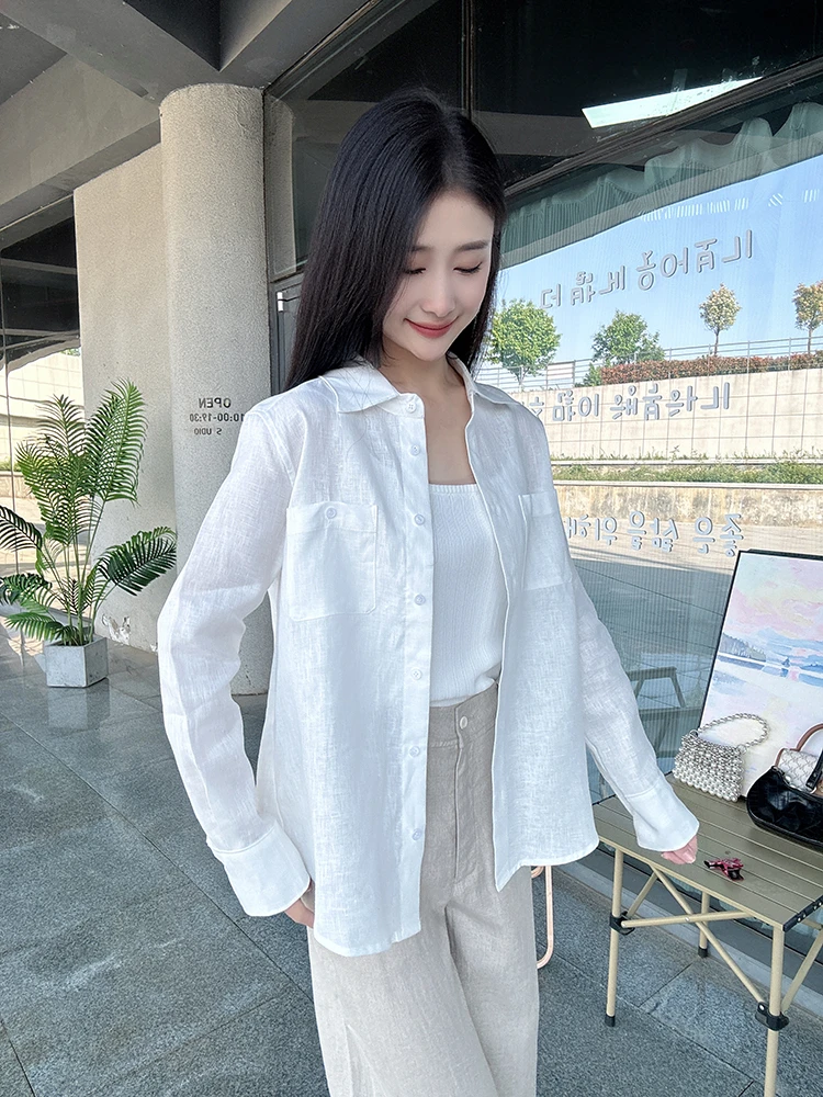 小禾2025夏季新款比利时亚麻贴袋长袖衬衫