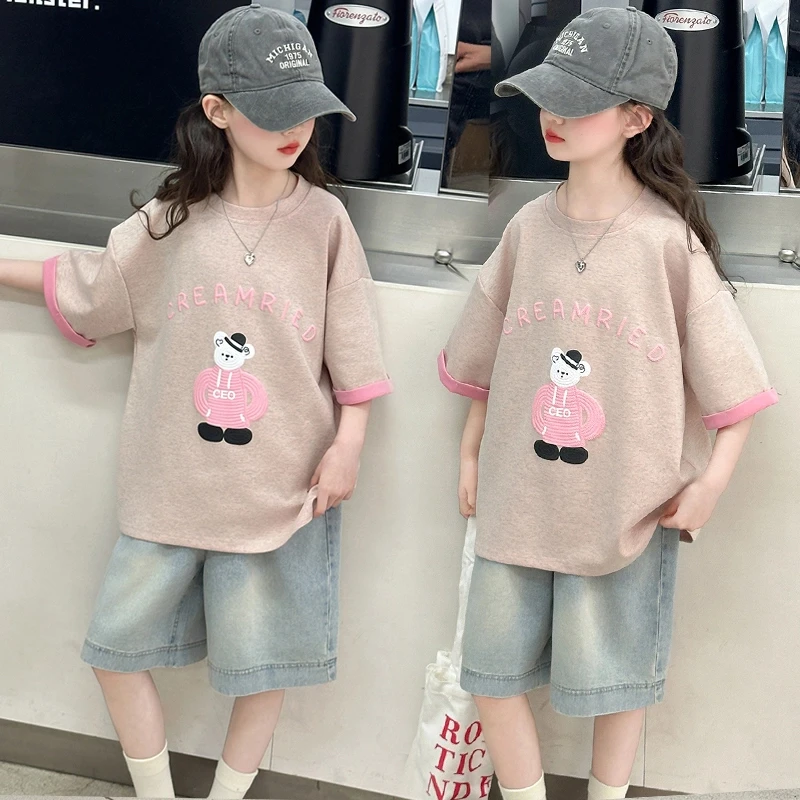 女童短袖牛仔中裤套装2025夏季6-12岁潮酷女孩时髦休闲个性两件套