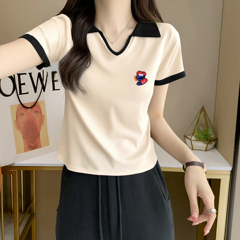 大码胖mm设计感撞色翻领短袖T恤女士夏季纯欲风辣妹修身显瘦上衣