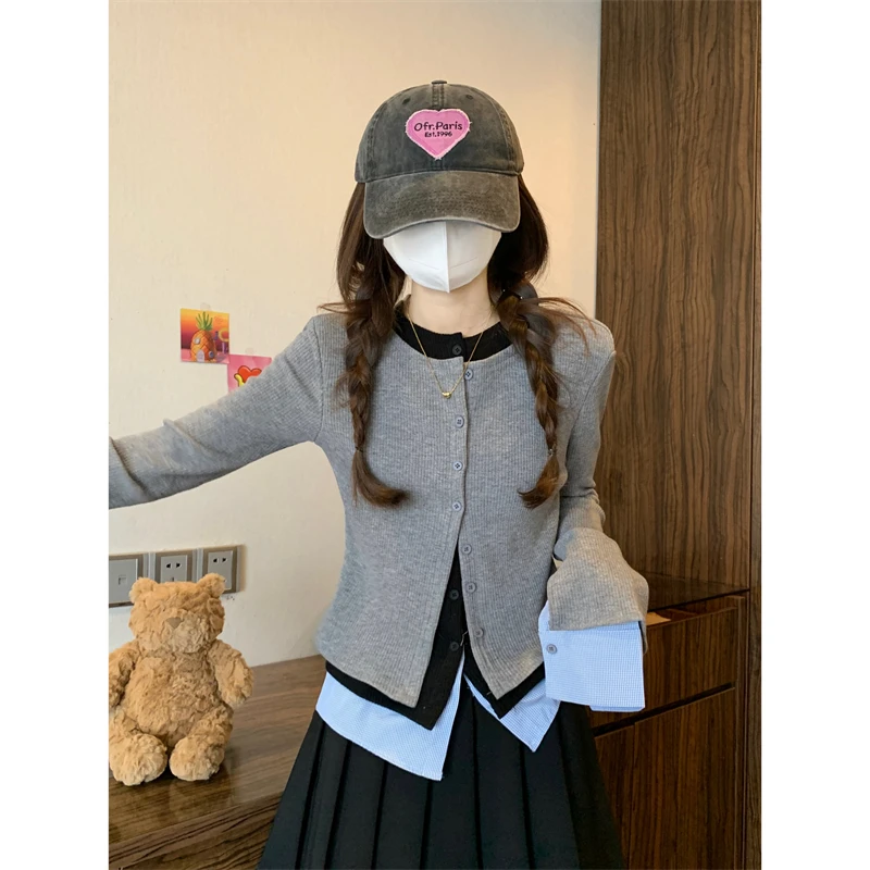 衬衫拼接撞色假三件针织开衫女春秋修身显瘦设计感别致单排扣上衣