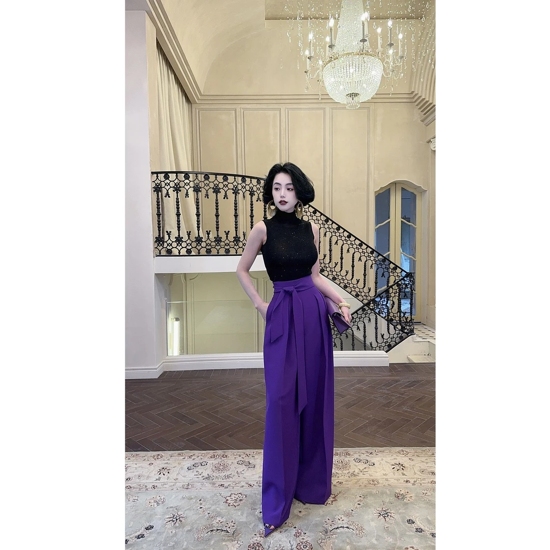 LYXJ【紫调多巴胺】春款高级优雅系带设计紫色阔腿裤11705/11718