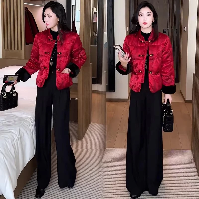 新中式国风盘扣短外套女2025冬季新款洋气加绒加厚提花棉袄上衣潮