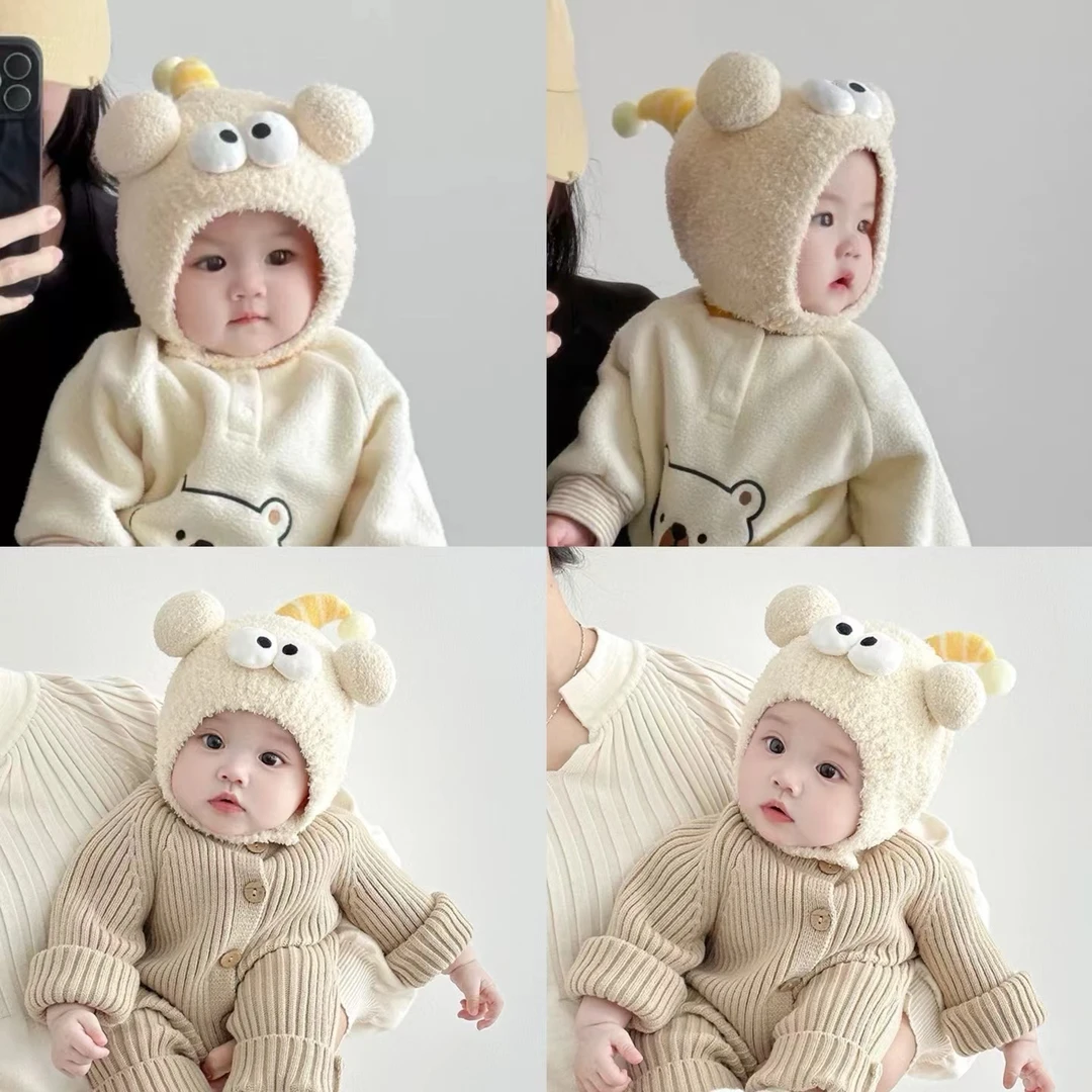 婴儿帽子秋冬季搞怪眼睛男童女童包头帽加厚毛绒帽保暖宝宝护耳帽