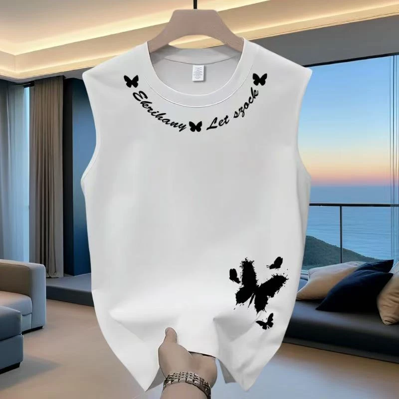 ERK字母 重磅夏季潮牌圆领无袖t恤背心男款美式坎肩印花纯棉上衣