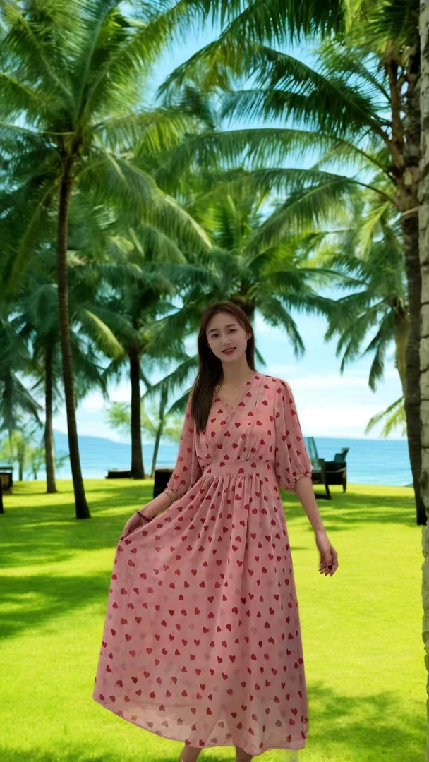 碎花连衣裙爱心红色印花收腰夏季多色显瘦连衣裙显瘦8881#