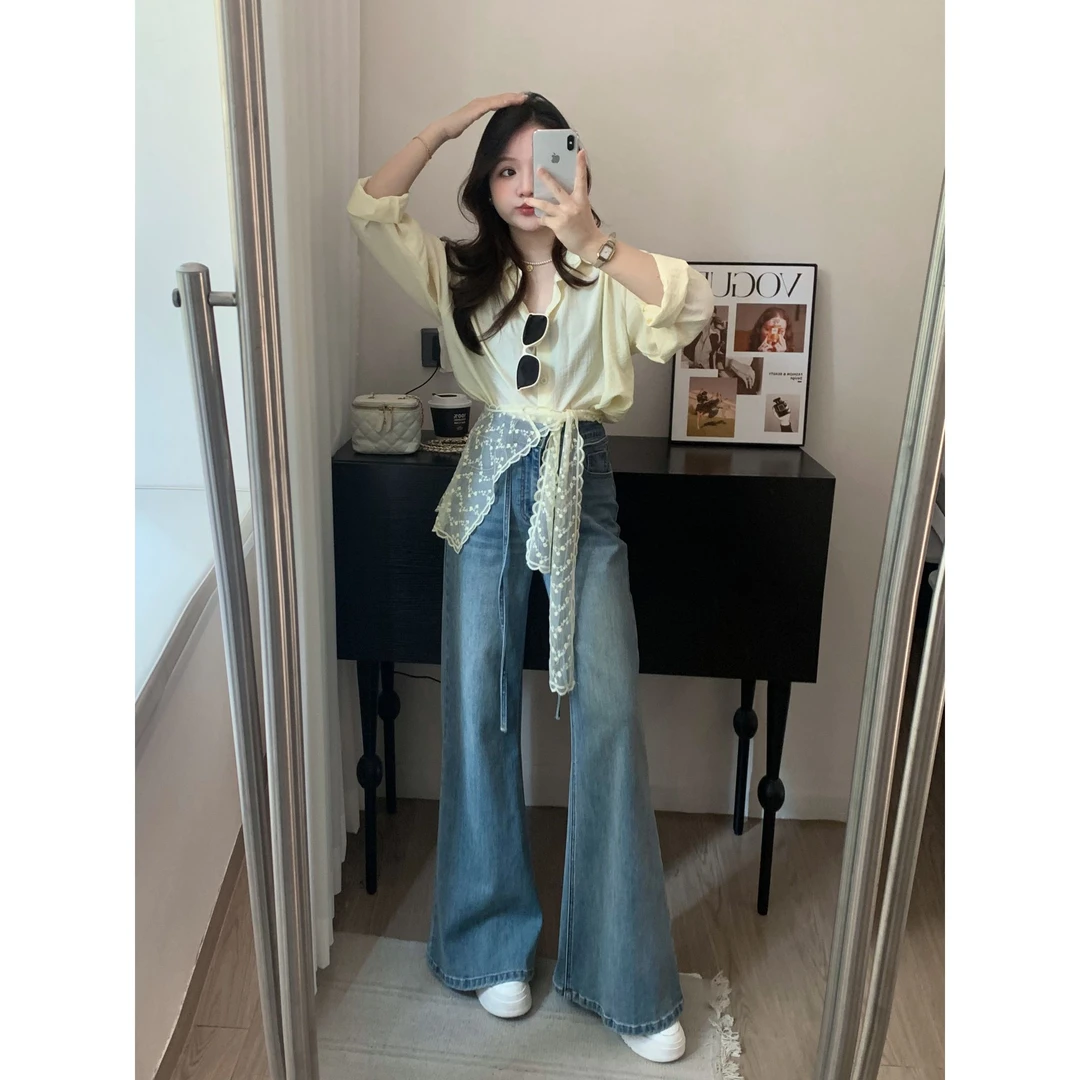 小个子2025春秋新款高腰微喇牛仔裤女系带不贴腿四面弹拖地裤显瘦