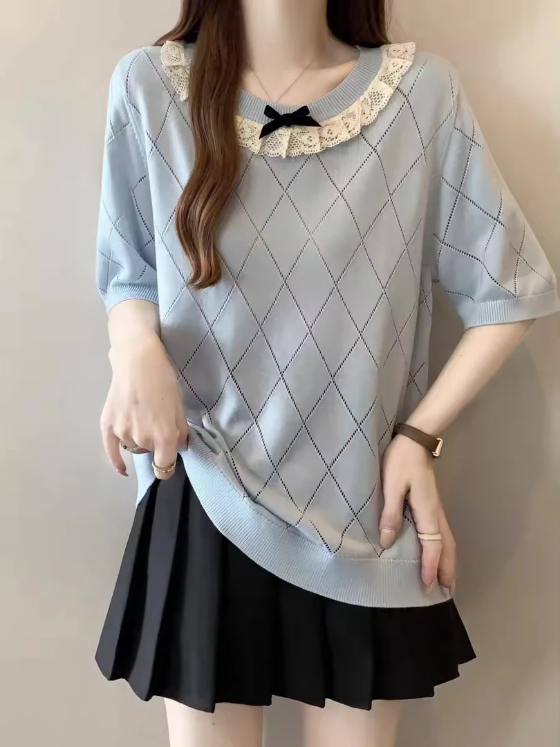 玲姐定制-别致蕾丝边短袖T恤微镂空常规厚度微透针织短袖154119