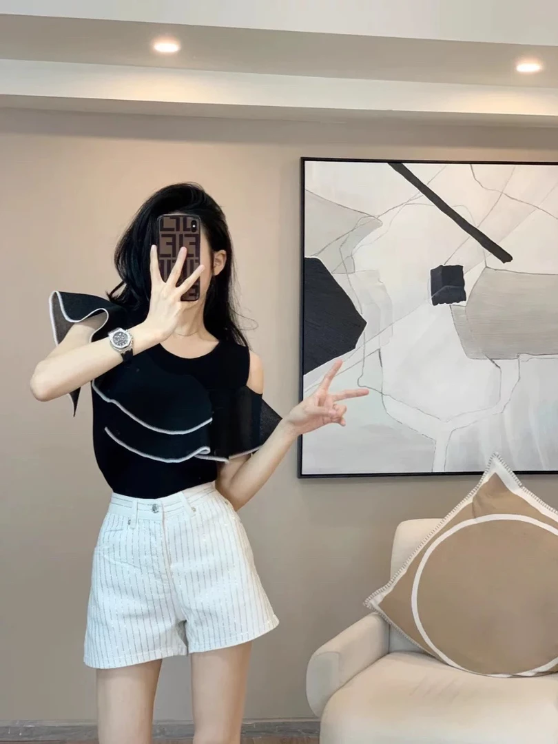 冰丝针织短袖t恤女夏季新款心机设计感小众百搭露肩上衣潮