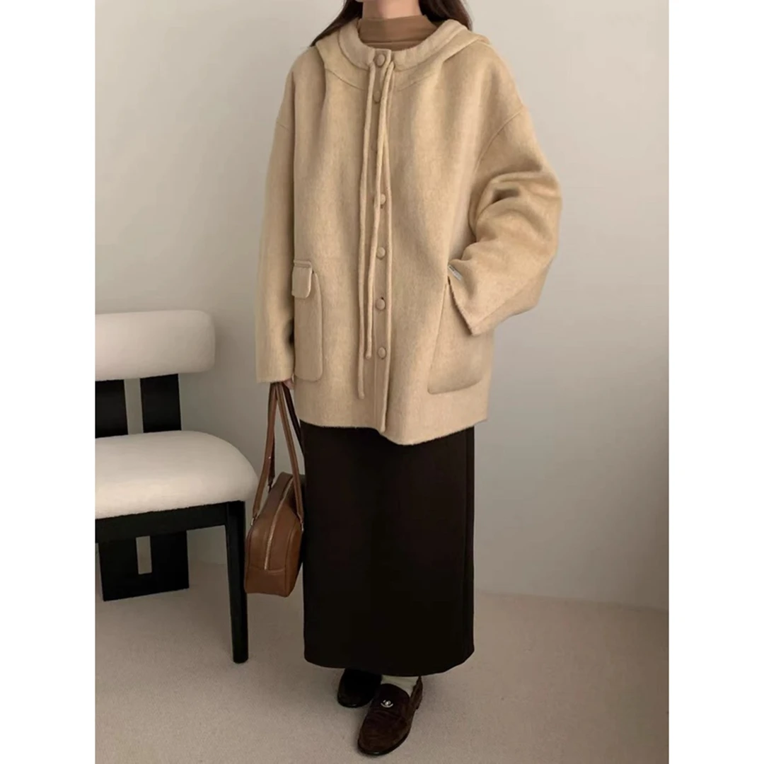 清 DMDY-184078韩抽绳连帽双面呢羊毛大衣小个子减龄宽松毛呢外套