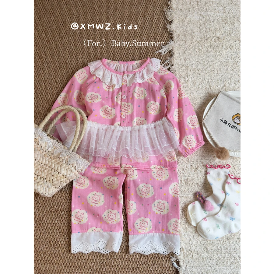 女童全棉睡衣2025新款春秋女孩家居服新款宝宝长袖长裤空调衫套装