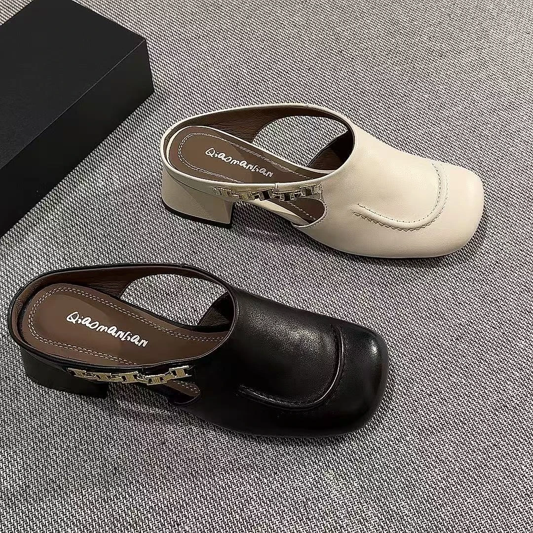 复古包头拖镂空春夏玛丽珍舒适平底中跟粗跟休闲包头凉鞋方头