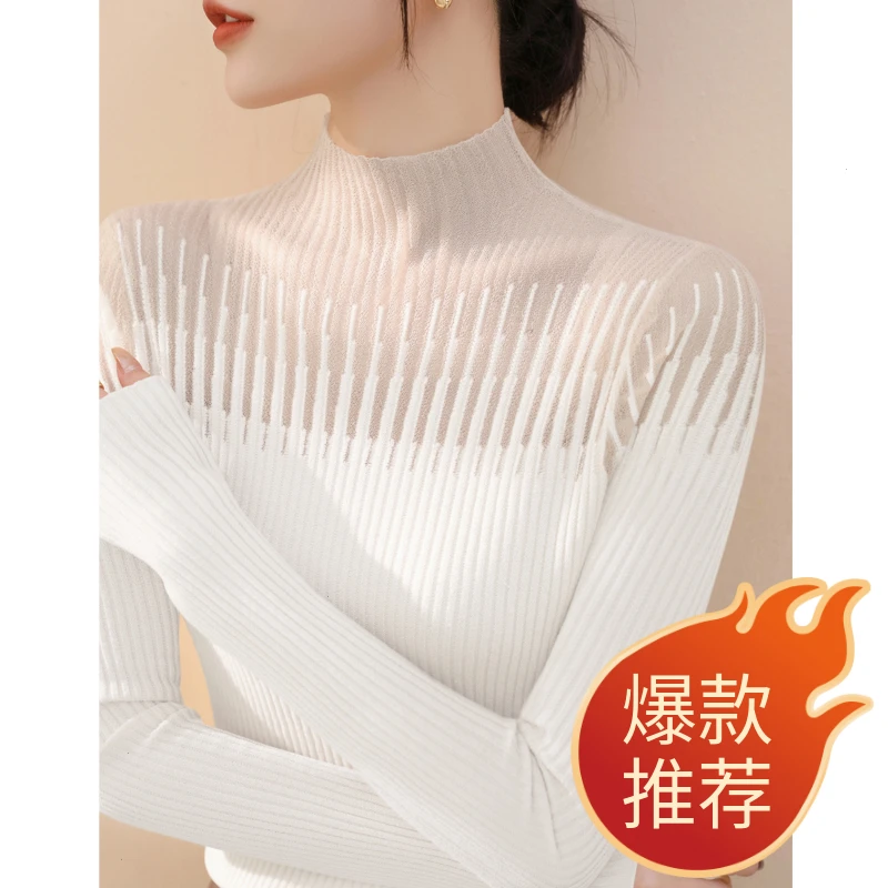 新款蕾丝网纱半高领修身针织衫女2025年秋冬法式羊毛百搭长袖打底