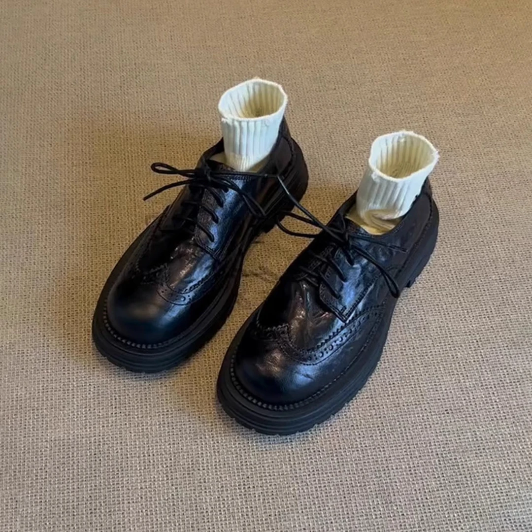 羊皮版~复古黑色高级感布洛克小皮鞋女系带厚底真皮乐福鞋单鞋子