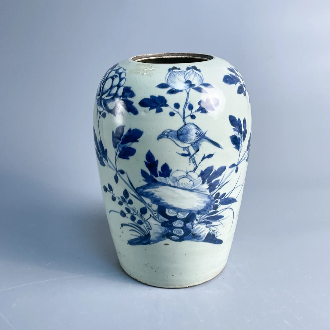 清光绪豆青釉堆白青花锦鸡牡丹图冬瓜罐-M25LC003E88