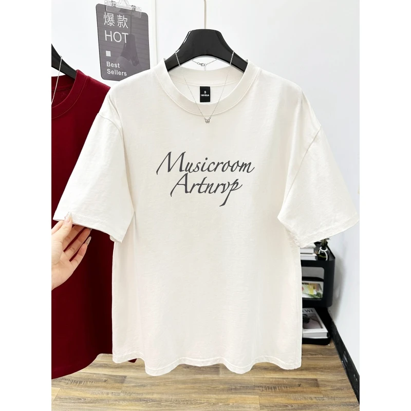 纯棉字母印花大码女装短袖t恤2026新款微胖遮肚百搭圆领半袖上衣