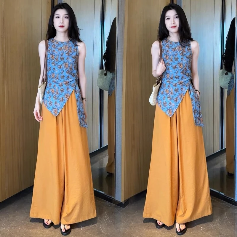 时尚套装女2025夏季新款洋气质显瘦不规则碎花上衣阔腿裤两件套