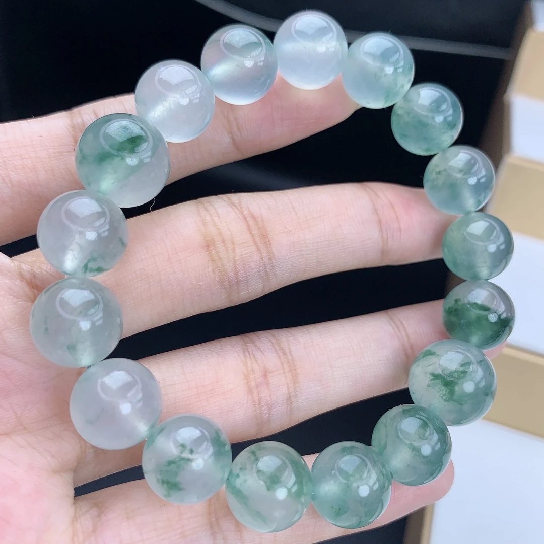 缅甸A货翡翠飘绿花大卡男女同款圆珠手链手串5YH2T17卡12-13.7mm